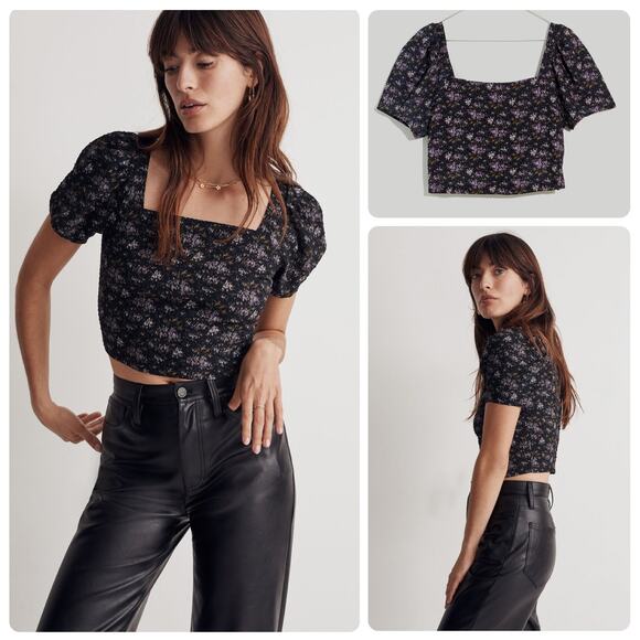 Madewell Hopewell NWOT Puff-Sleeve Black Smocked Crop Top in Blurred Ikat Small - Picture 1 of 11